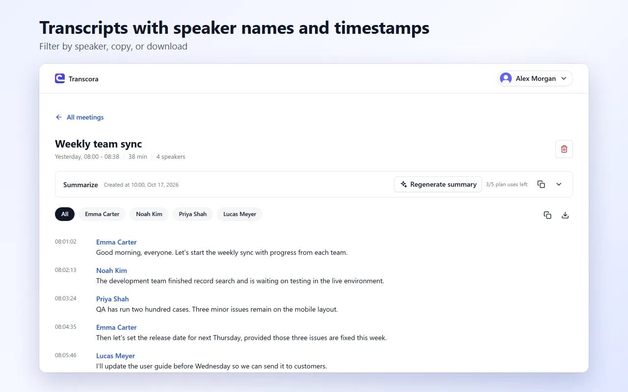 A meeting transcript with speaker names and timestamps on the Transcora website